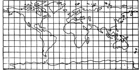 Картографічна сітка в квадратній циліндричній проекції.