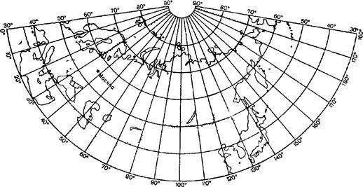Картографическая сетка в равнопромежуточной конической проекции Каврайского