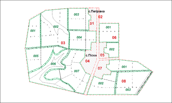 Приклад кадастрового зонування території сільської ради (автомобільна дорога з твердим покриттям виділена в окрему зону